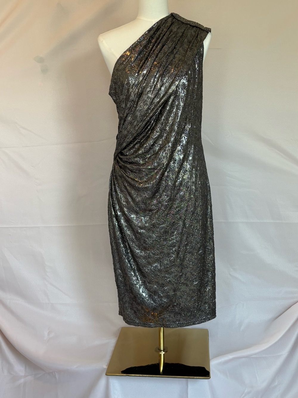 David Meister Metallic Pewter One-Shoulder Evening Gown